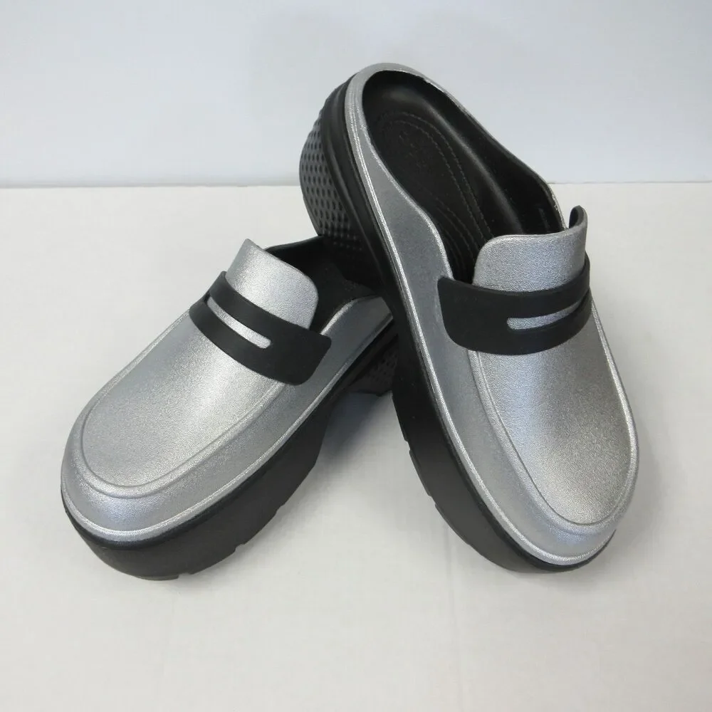 CROCS Stomp Metallic Penny Loafer Mens Sz 6 Black Silver Platform Clog Shoes NEW